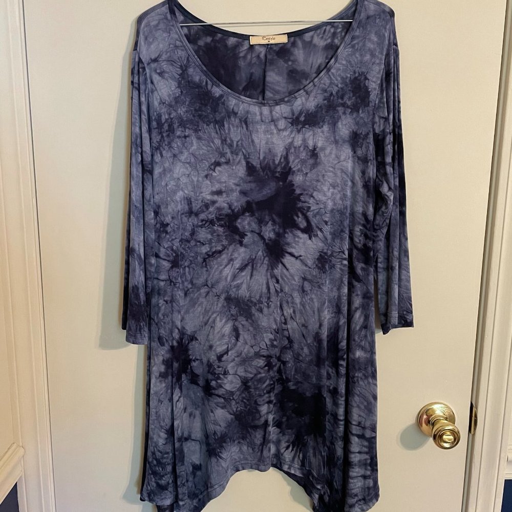Cestyle Tie-Dye 3/4 Sleeve Handkerchief Hem Tunic